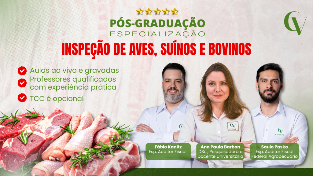 Banner promocional da pós-graduação em Inspeção de Aves, Suínos e Bovinos do ConVet. No topo, o título "Pós-Graduação – Especialização" e, em destaque, "Inspeção de Aves, Suínos e Bovinos". À esquerda, lista de diferenciais: aulas ao vivo e gravadas, professores qualificados com experiência prática e TCC opcional. Na parte inferior, imagens de cortes de carne bovina, suína e frango. À direita, fotos dos docentes Fábio Kanitz, Ana Paula Barbon e Saulo Pasko, com seus respectivos cargos e qualificações. Fundo em tons claros com detalhes em verde e vermelho e logotipo do ConVet no canto superior direito.