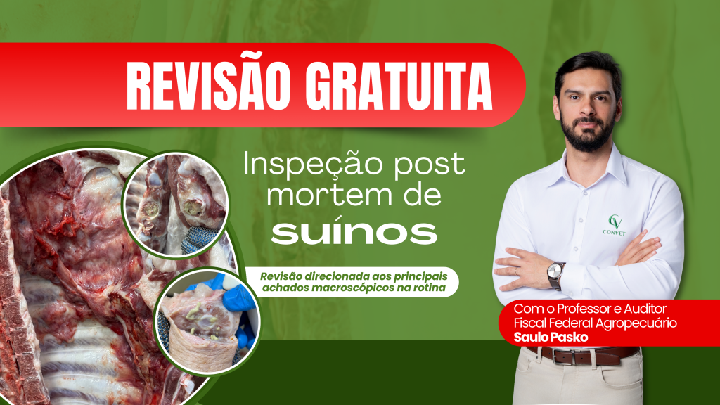Banner da CONVET sobre revisão gratuita de inspeção post mortem de suínos, com imagens de lesões em carcaças suínas e foto do professor Saulo Pasko.