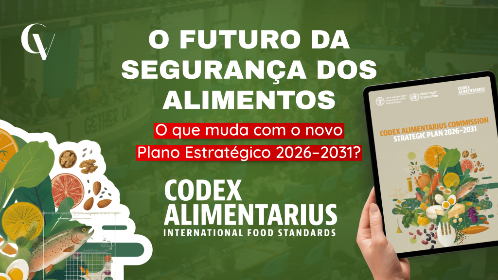 Arte de divulgação sobre o novo Plano Estratégico 2026–2031 do Codex Alimentarius. Ao centro, em destaque, o texto: “O futuro da segurança dos alimentos” e, abaixo, “O que muda com o novo Plano Estratégico 2026–2031?”. Na parte inferior, aparece o logotipo do Codex Alimentarius com a inscrição “International Food Standards”. À direita, uma mão segura um tablet exibindo a capa do documento “Codex Alimentarius Commission Strategic Plan 2026–2031”, ilustrada com alimentos como peixes, frutas, verduras, ovos e queijos. À esquerda, há ilustrações de alimentos, incluindo frutas cítricas, folhas, castanhas e um peixe. O fundo mostra, desfocado e com sobreposição em tom verde, uma sessão da Comissão do Codex Alimentarius. No canto superior esquerdo está o logotipo da Convet.