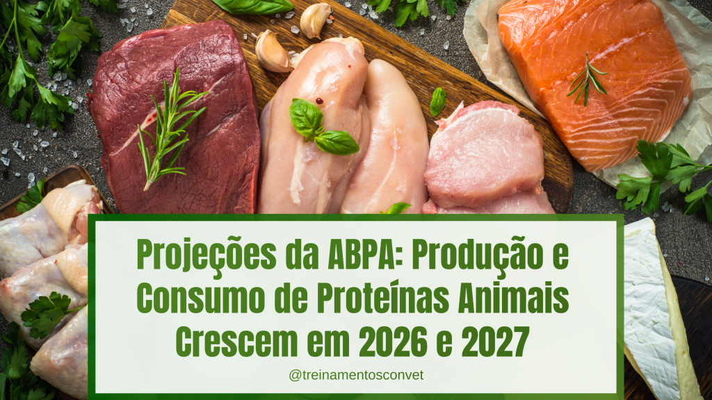 Vista superior de diversos cortes de proteínas animais cruas, como carne bovina, frango, suína e salmão, dispostos sobre tábuas de madeira. Ao centro, há uma caixa de texto verde e branca com o título: "Projeções da ABPA: Produção e Consumo de Proteínas Animais Crescem em 2026 e 2027" e a assinatura "@treinamentosconvet".
