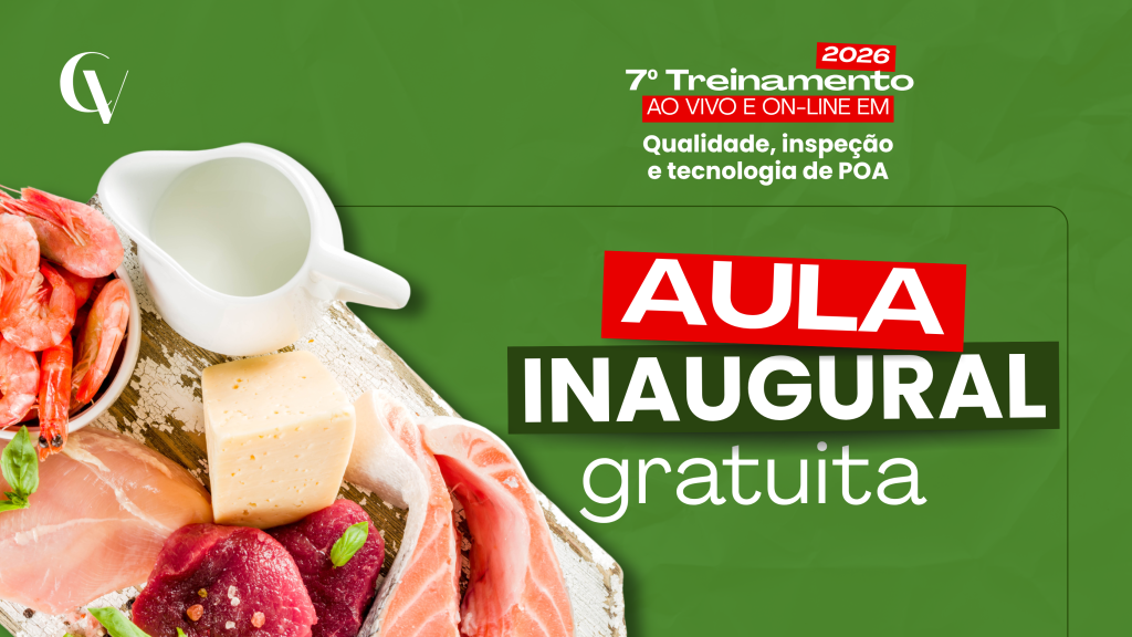 Banner em fundo verde com imagens de alimentos de origem animal, como camarão, queijo, frango, carne bovina, peixe e utensílio para coleta de amostras. Em destaque, os textos “7º Treinamento 2026”, “Qualidade, inspeção e tecnologia de POA” e “Aula inaugural gratuita”.