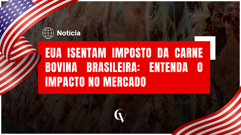 Imagem com destaque para a notícia sobre uma nova medida dos Estados Unidos relacionada à importação de carne moída, com texto informando que a decisão pode beneficiar o agronegócio brasileiro.