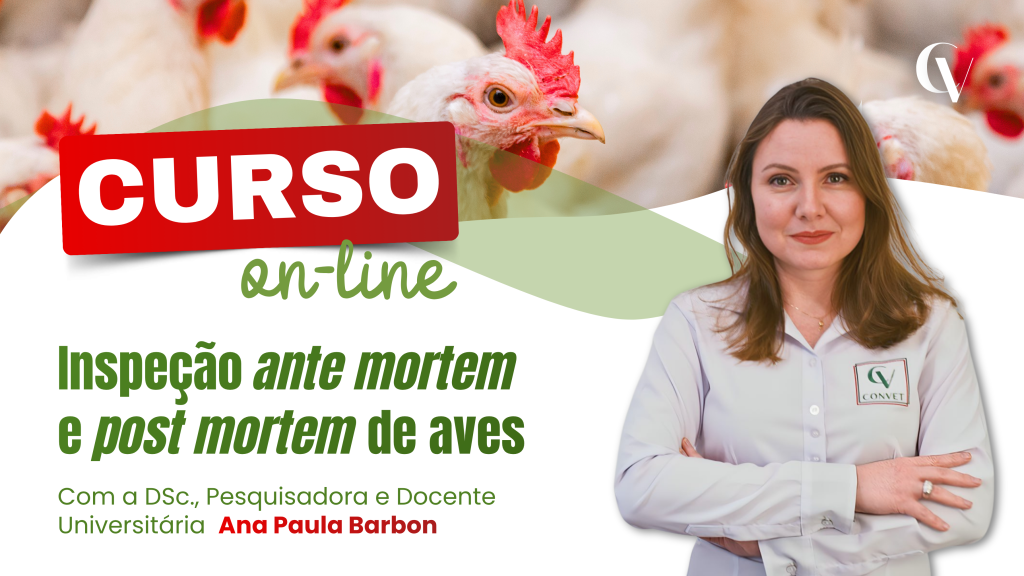 Banner do curso online de Inspeção ante mortem e post mortem de aves, com a professora Ana Paula Barbon e imagens de aves ao fundo